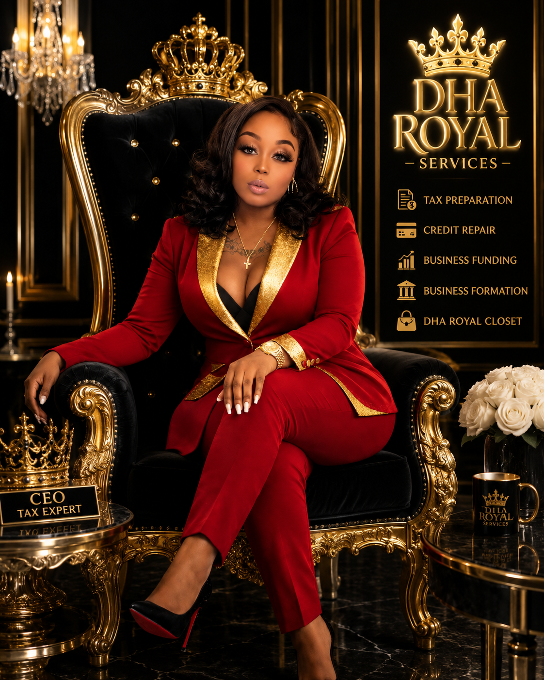CEO Veronica seated in a royal chair